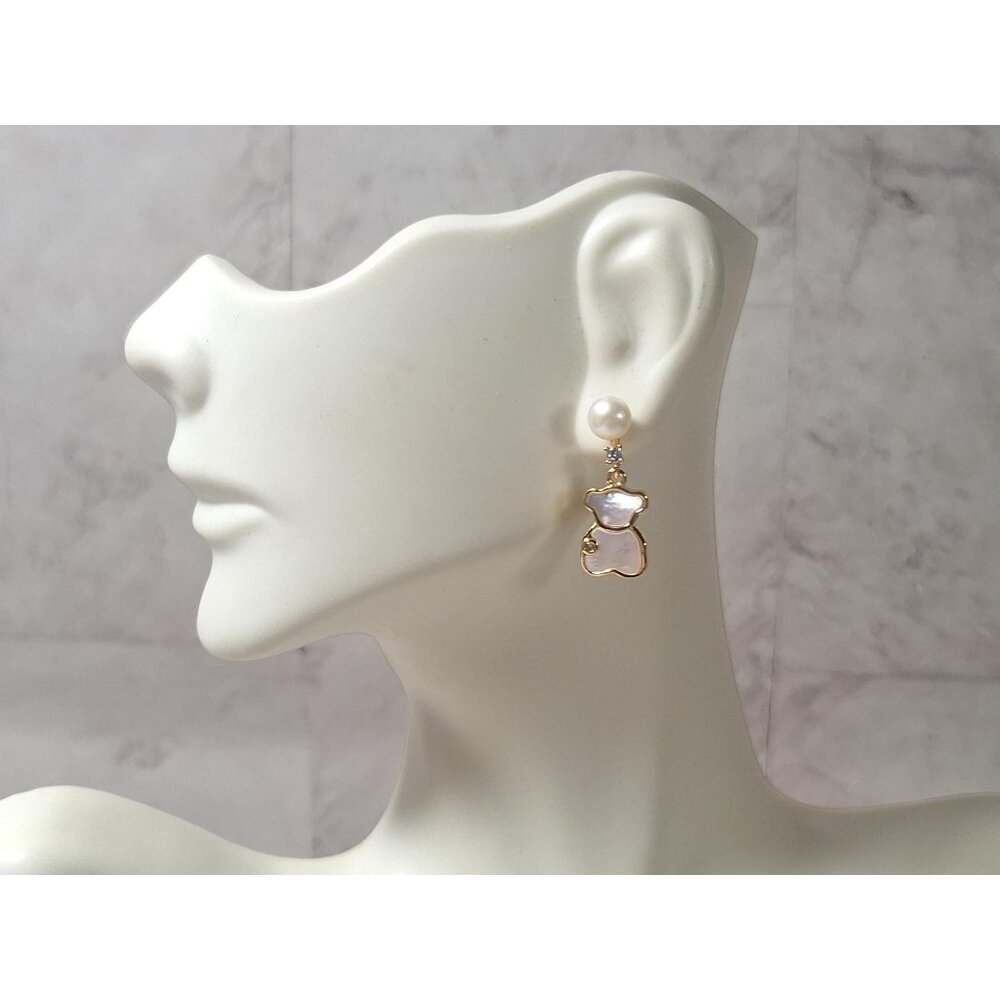 Mother of Pearl Bear Drop Earrings, 14K Gold Plated Pearl with Zircon Cute White